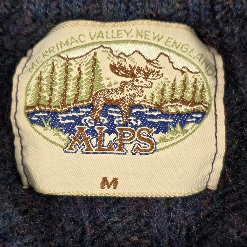 Alps Merrimac Valley Mens Navy Blue Cable Knit Wool Sweater Red Deer Head Size M